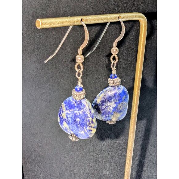 Vintage Denim Lapis Lazuli Stone 925 Sterling Silver Dangle Earrings - Picture 4 of 5